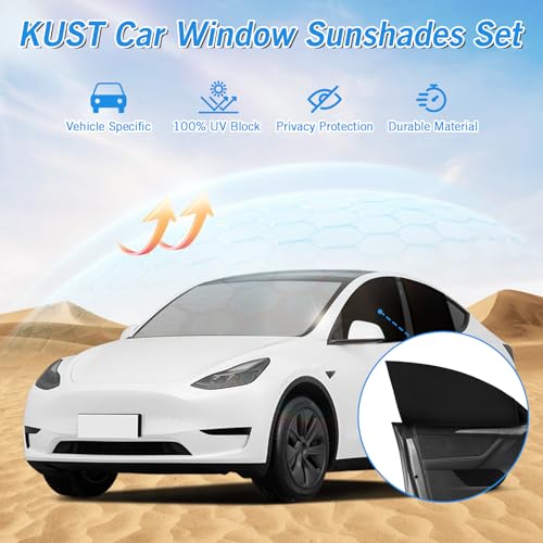 Image of KUST Windshield Sun Shade Umbrella for Tesla Model Y 2020 2021 2022 2023 2024 (Not for Juniper) Rear Window Shades 100% UV Protection and Blackout Privacy 5PCS Car Window Covers Accessories