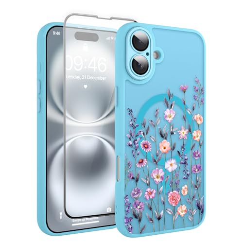 Coque iPhone 16 Plus à fleurs bleu clair pour sublimer vos tenues d'été en terrasse