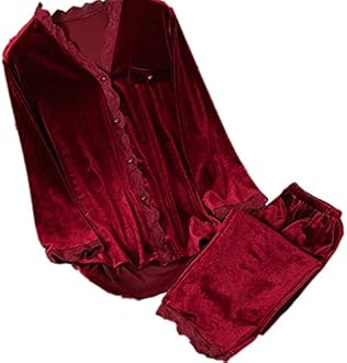 HUJINGLS Velvet Pajamas Women Autumn Winter Sleepwear Long Sleeve Casual Nightwear Pyjamas Suit Loose Home Clothes Lace Trim Sleep Set