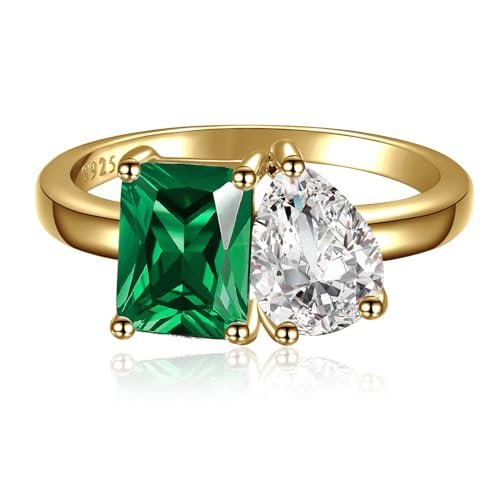 2.75ct 14K Gold Plated Toi Et Moi Women's Engagement Ring 6x8mm Pear & Emerald Cut Double Stone Ring AAAAA Cubic Zirconia 925 Sterling Silver Wedding Band Width 2mm Size 5-92