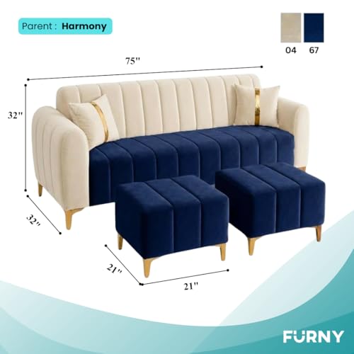 Image of FURNY Harmony 5 Seater L Shape Sofa Set with 2 Movable Ottoman & Golden Legs | Flexible Left or Right Layout | Plush Velvet Fabric (Dark Blue-Cream) | Perfect for Living Room, Guest Room & Office