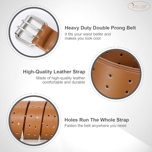 Image of JASGOOD Men Double Prong PU Leather Belt Casual Work Heavy Duty Belt Double Grommet Holes Belt for Jeans