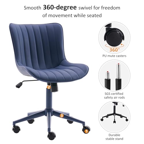 Image of YOUNIKE Office Desk Chair with Wheels Armless Vanity Chair Modern Navy Blue | Faux Leather Upholstered with Rocking Back, Swivel Height Adjustable, Small Cute Computer Rolling Task Chair Ergonomic