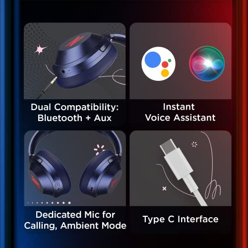Image of Boat Nirvana 751 ANC Netflix Stream Edition Hybrid Active Noise Cancelling Bluetooth Over Ear Headphones with Up to 65H Playtime, ASAP Charge, Ambient Sound Mode, Immersive Sound, Carry Pouch(Blue)