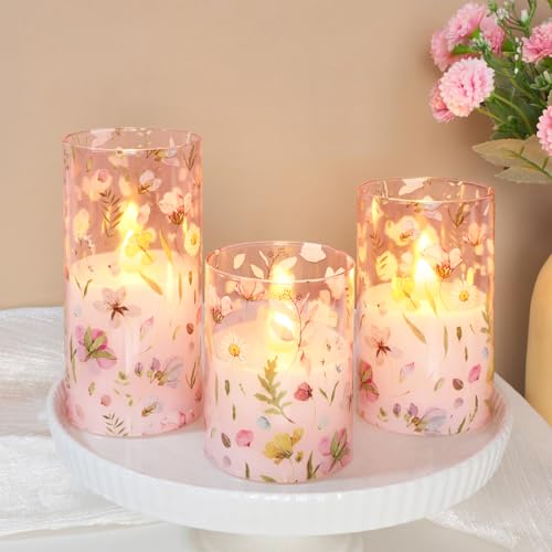 Image of Crystal Club Flameless LED Candles with Remote Timer, Pink Floral Glass Battery Operated Candles, 3 Pack Realistic Flickering Pillar Candles for Wedding Home Centerpiece Decoration