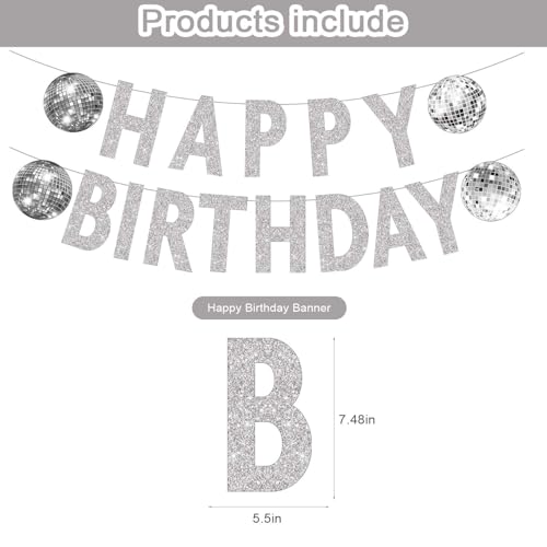 Disco Ball Birthday Party Decorations, Disco Happy Birthday Banner Silver Disco Ball Hanging Swirls for Retro Disco Garland Party 1970s Birthday Party Hippie Cutouts Favors Supplies