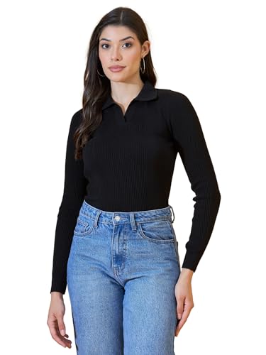 Image of 98 Degree North Women Spread Collar Sweater-G1577-BLACK