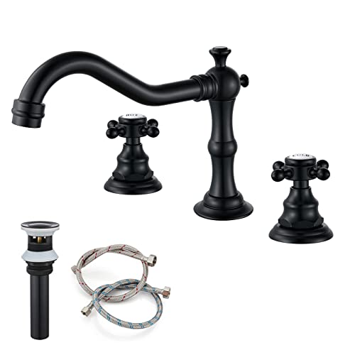 Gotonovo Matte Black Bathroom Sink Widespread Faucet Mixing Tap Deck Mount Double Cross Knobs 3 Hole With Pop Up Drain cover