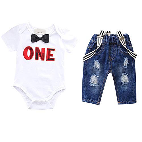 Toddler Baby Boys Clothes Cake Smash Bow Tie ONE Romper Summer Short Sleeve Bodysuit + Y-Back Striped Suspenders + Long Ripped Denim Pants First Birthday Outfit 3pcs Set for Photo Shoot White 0-3M
