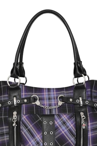 Bolso tote tartán negro y púrpura estilo punk para mujer miniatura 4