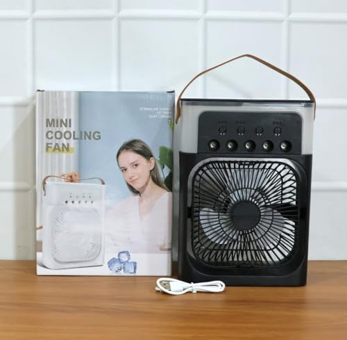 Image of Portable Air Cooler with Mist Function, 7 Colour LED Lights, Compact Desktop Fan with Carry Handle, Grey