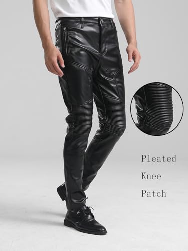 Men`s Motorcycle Biker Riding Pleated PU Faux Leather Pants with Zipper Closure2