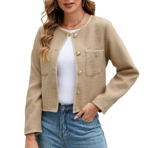 Ladyful Cropped Tweed Blazer for Women Collarless Casual Work Business Tweed Jacket Elegant Fall Trendy Ladies Coat2