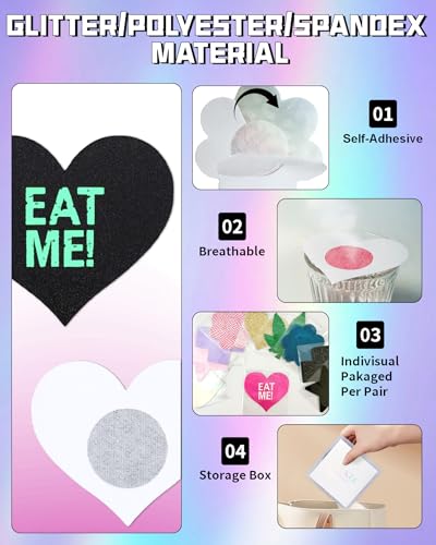 Image of CICKEE Pasties Sexy Nipple Covers 9 Pack Fun Pasty Pack for Rave Party Goth Lingerie Heart X Breast Petals with Words