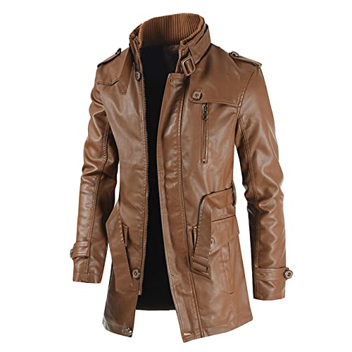 Huangse Mens Hippie Faux Leather Jacket Stand Collar Full Zip Belted Trench Coat Fashion Leather Motorcycle Jacket(Brown,X-Large) #TOP1