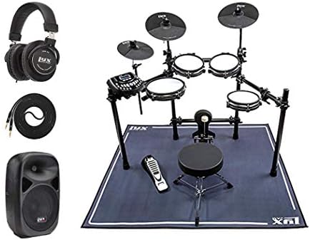 LyxJam 8-Piece Electronic Drum Kit Set, with Real Mesh Fabric 448 Preloaded Sounds, 70 Play-Along Songs, Choke,Rim,Edge & Kick Pad Throne, Fabric Rug, 8”PA Speaker, Studio Headphones, Speaker Cable