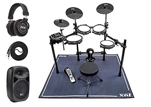 Lyxjam 8-Piece Electronic Drum Kit Set, With Real Mesh Fabric 448 Preloaded Sounds, 70 Play-Along Songs, Choke,Rim,Edge & Kick Pad Throne, Fabric Rug, 8”Pa Speaker, Studio Headphones, Speaker Cable #TOP2