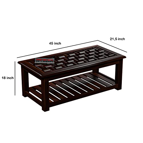 Image of Sheesham Wooden Centre Table with Storage Shelf for Living Room with Glass Top - Solid Wooden Coffee Table - Teapoy Tea Table Sofa Table & Center Table with Storage (Stern Walnut)