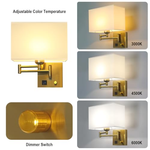 Image of Plug in Swing Arm Wall Sconce, Wall Lights for Living Room | Wall Lamp with USB C+A Charging Ports, Adjustable Swing Arm 270, Adjustable Color Temperature, Wall Mount Lamp for Bedroom