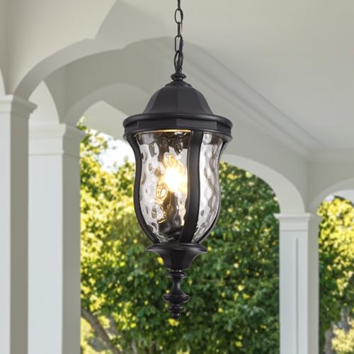 Image of Large Outdoor Pendant Light 23.6'' Black Hanging Lantern Porch Light