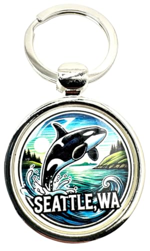 Seattle Keychain Metal Key Ring Washington Souvenir with Whale Image,