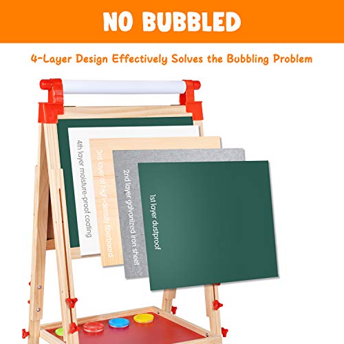 BATTOP Easel for Kids with Paper Roll,Wooden Art Easel Toddlers,All-in-one Deluxe Standing with Chalkboard & Whiteboard,Double Sided Childrens Homeschool Easel Toy with Paint Cups(Easel-XXL)