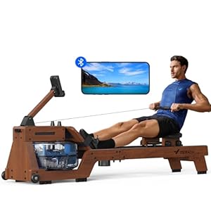 MERACH Wood Rowing Machine for Home Gym, Finest Solid Rower Machine with 6 Levels of Water Resistance, 22 L Tank, Built-in Monitor, Max 150 kg Weight Capacity, App Compatible