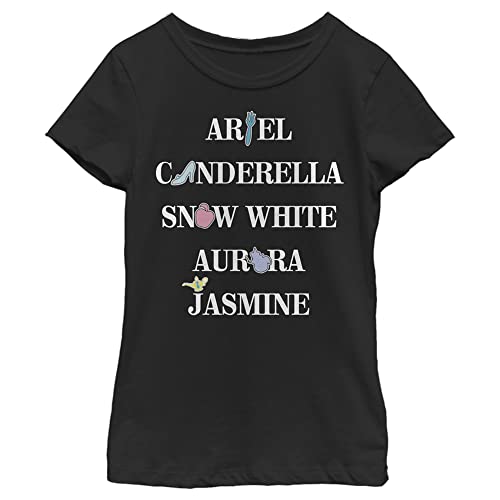 Disney Camiseta de manga corta para niñas con iconos de parches falsos de princesa pequeña y grande, NEGRO, L