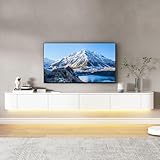 MIMRTIMI Mueble TV Suspendido Madera Maciza muebele TV con Puerta Mueble de Salon para Aparador De Almacenamiento Debajo del Televisor (White-LED, 200 * 30 * 20CM)