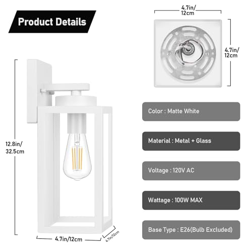 BesLowe Outdoor Wall Light Fixtures, Exterior Waterproof Wall Lanterns, Porch Sconces Lighting with E26 Sockets, Modern White Outside Lights for House Patio Front Door Entryway, 2-Pack - Image 5
