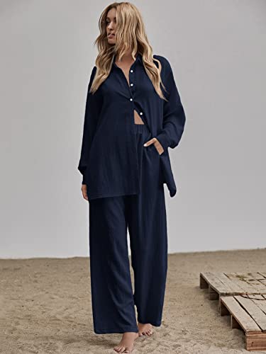 Floerns Women's 2 Piece Outfits Slit Hem Longline Blouse And Wide Leg Pants Set Navy Blue Xs #TOP5