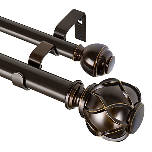 KAMANINA 1 Inch Double Curtain Rods 72 to 144 Inches (6-12 Feet) Telescoping Heavy Duty Drapery Rod for Windows 66 to 120, Netted Texture Finials, Antique Bronze, Fewer Rods, Easier Install