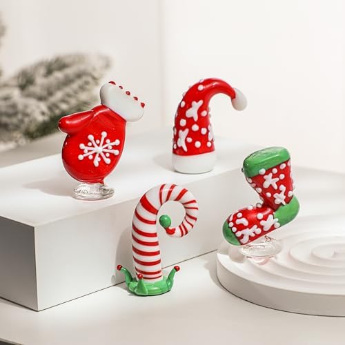 HDCRYSTALGIFTS 4pcs Blown Glass Christmas Figurines Collectibles Ornaments 2'' Handmade Miniature Christmas Figures for Dollhouse Holiday Decoration Festival Gifts