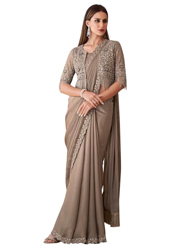 Image of AKHILAM Women's Georgette Embellished Saree With Unstitched Blouse Piece