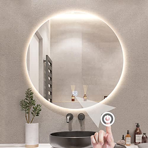 MKYOKO Specchio Rotondo a LED per Bagno, Specchio da Bagno a LED, Specchio Illuminato a LED Rotondo da Bagno Senza Cornice, 20' 24' 28' 31,5' Specchi a Parete Interruttore Smart Touch (Co