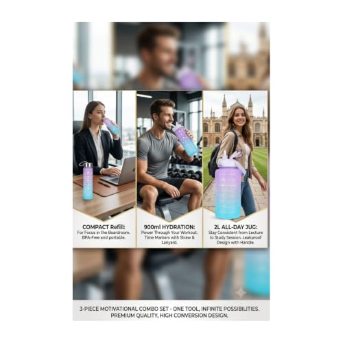 Image of Motivational Water Bottle Combo Set (2 lr, 900ml, 300ml) | Leakproof Water Bottles with Time Marker | Straw and Sipper | Reusable Sports, Gym, School, Office(Multicolor-3 combo) pack of 1.