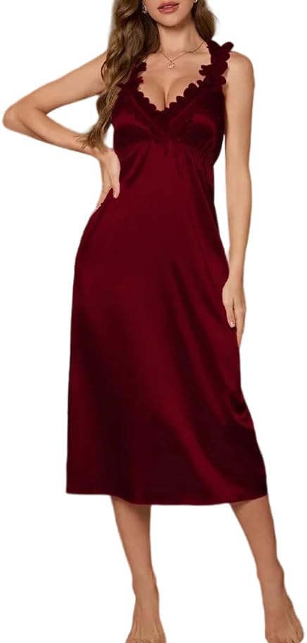 Womens Satin Applique Nightdress Sleeveless Lace Detail Long Sleep Dress Lightweight Lounge Wear