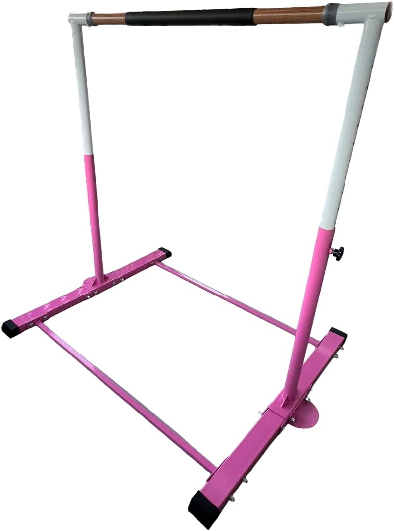 Gymnastics Bar for Kids with 6’x4’ Mat, Adjustable Height 3 to 5 FT Foldable, Horizontal Kip Bar Gymnastic Training Bar for Junior Gymnasts, Expandable Heavy Duty Jungle Gym Home Exercise Bar, Pink