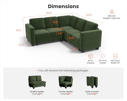 Image of CHIC HOUSE Modular Corner Sectional Sofa with Storage, Corduroy L-Shaped Couch, Compact Small Space Furniture for Living Room & Apartment (Green, 5 Seater L-Shaped)