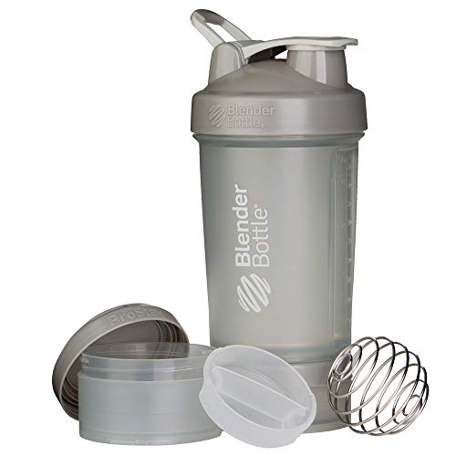 BlenderBottle ProStak Protein Shaker mit BlenderBall mit 2 Container 150 ml und 100 ml, 1 Pillenfach, optimal für Eiweiß, Diät und Fitness Shakes, skaliert bis 450ml, grau (650ml)