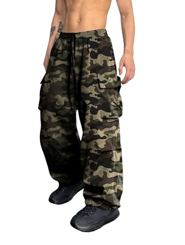 OYOANGLE Men's Camo Print Baggy Cargo Pants Elastic Drawstring Waist Wide Leg Trousers Streetwear
