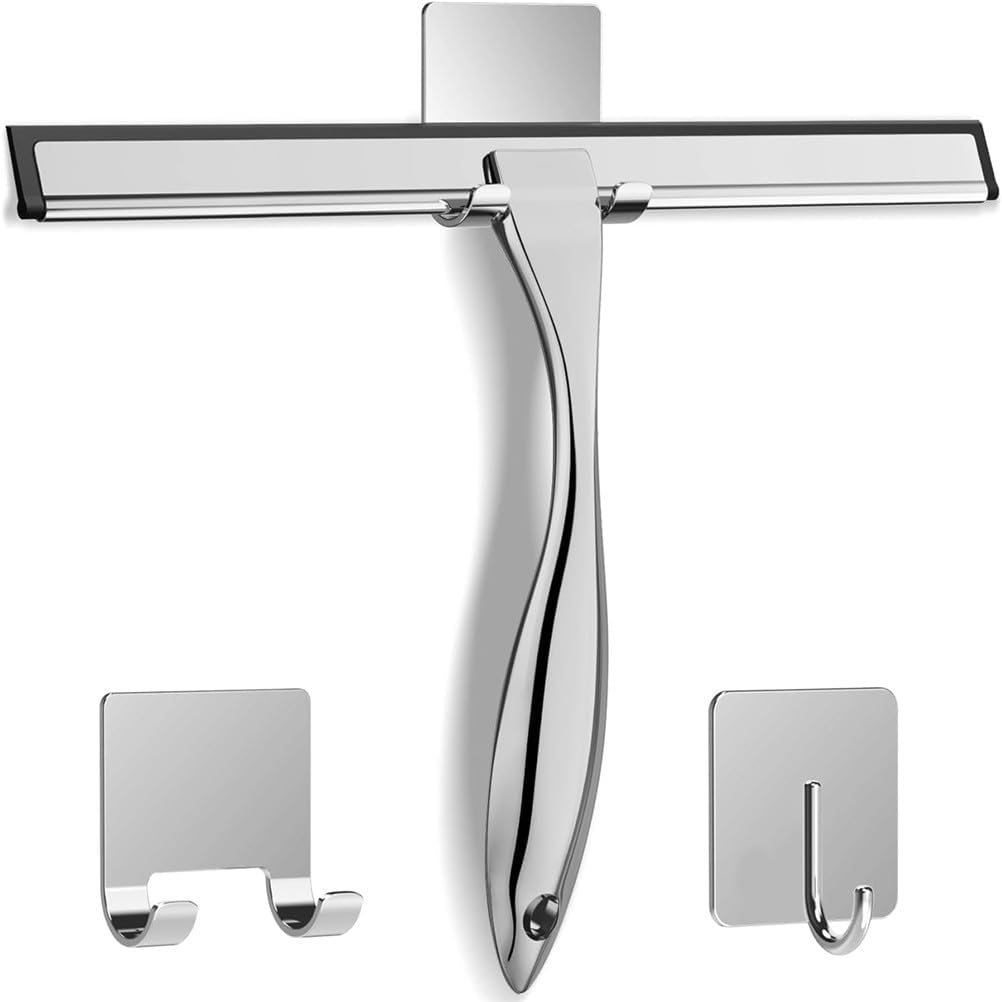 Shower Squeegees for Bathroom, Stainless Steel Squeegee for Shower Doors with 2 Adhesive Hooks, Household Window Mirror Squeegee for Home Cleaning, Glass Door, Tile Wall, Car,Silver,14 in