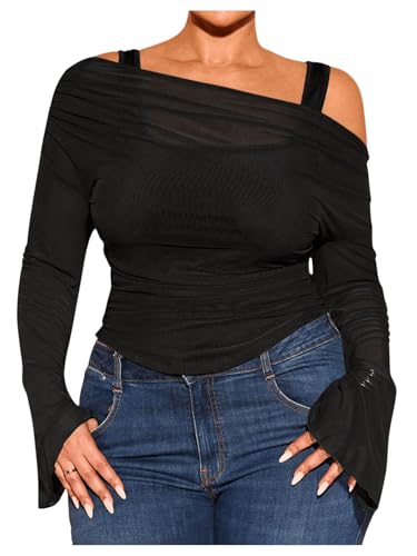 WDIRARA Women's Plus Size 2 in 1 Off Shoulder T Shirt Ruched Sheer Bell Long Sleeve Tee