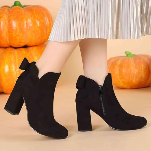 Allegra K Allegra K Women's Round Toe Bow Decor Chunky Heel Black Ankle Boots 7 M US
