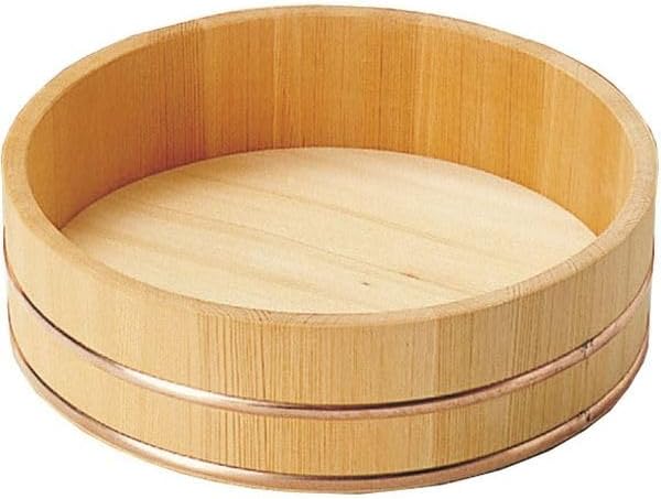 Wooden Sushi Oke Rice Mixing Tub with Copper Hoop Hangiri Handai Made of Sawara Cypress Made in Japan (2gou 9.45)