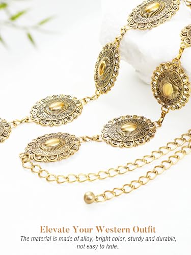 Image of FIORETTO Western Waist Chain Belt Metal Concho Belt for Women Cowgirl Cowboy Boho Country Belt for Dress Jean
