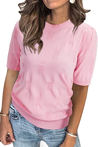 Image of Arach&Cloz Women's Short Sleeve Crew Neck Sweaters Trendy Teacher Work Tops | Lightweight&Breathable Fabric, Texture Knit Design, Relaxed Fit, Business Casual Outfits, Teacher Work Tops Fall 2026