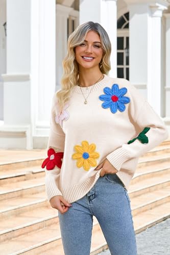 Women Floral Sweater Long Sleeve Round Neck Casual Lounge Colorful Flower Knit Pullover Top(White-L)2