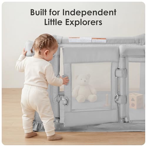 Image of Sweeby Foldable Baby Playpen, 79x71 Inch Baby Gate Playpens for Babies and Toddlers Extra Large Play Yard with Door Child Fence and Indoor Play Pen, Light Grey