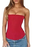 Women Floral Lace Corset Top Strapless Lace Up Bustier Tube Top Mesh Boned Corset Overbust Top(Hot Red,Small)